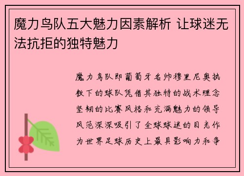 魔力鸟队五大魅力因素解析 让球迷无法抗拒的独特魅力