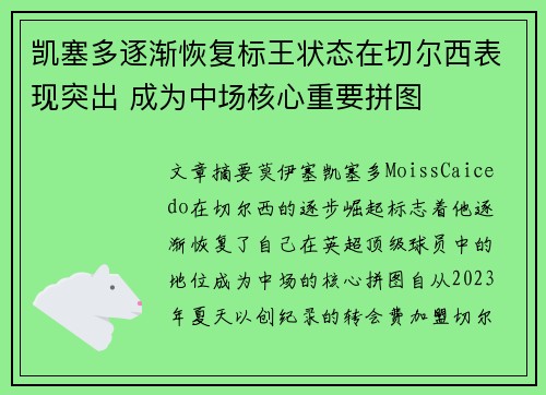 凯塞多逐渐恢复标王状态在切尔西表现突出 成为中场核心重要拼图
