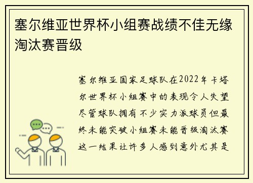 塞尔维亚世界杯小组赛战绩不佳无缘淘汰赛晋级