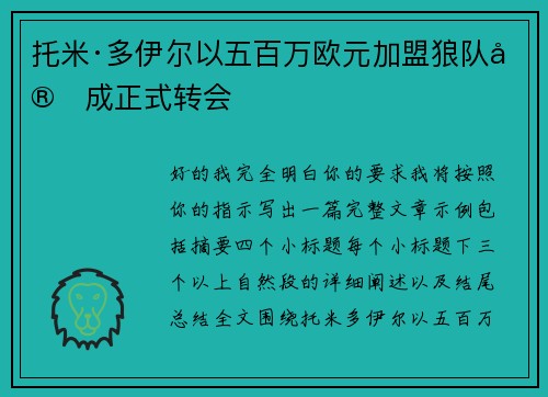 托米·多伊尔以五百万欧元加盟狼队完成正式转会