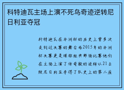 科特迪瓦主场上演不死鸟奇迹逆转尼日利亚夺冠